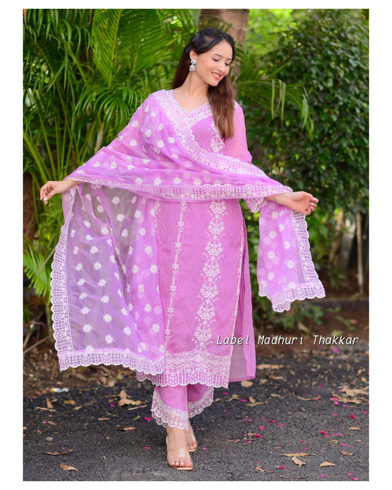 Lavender Self Printed Schiffli V Neck Organza Suit