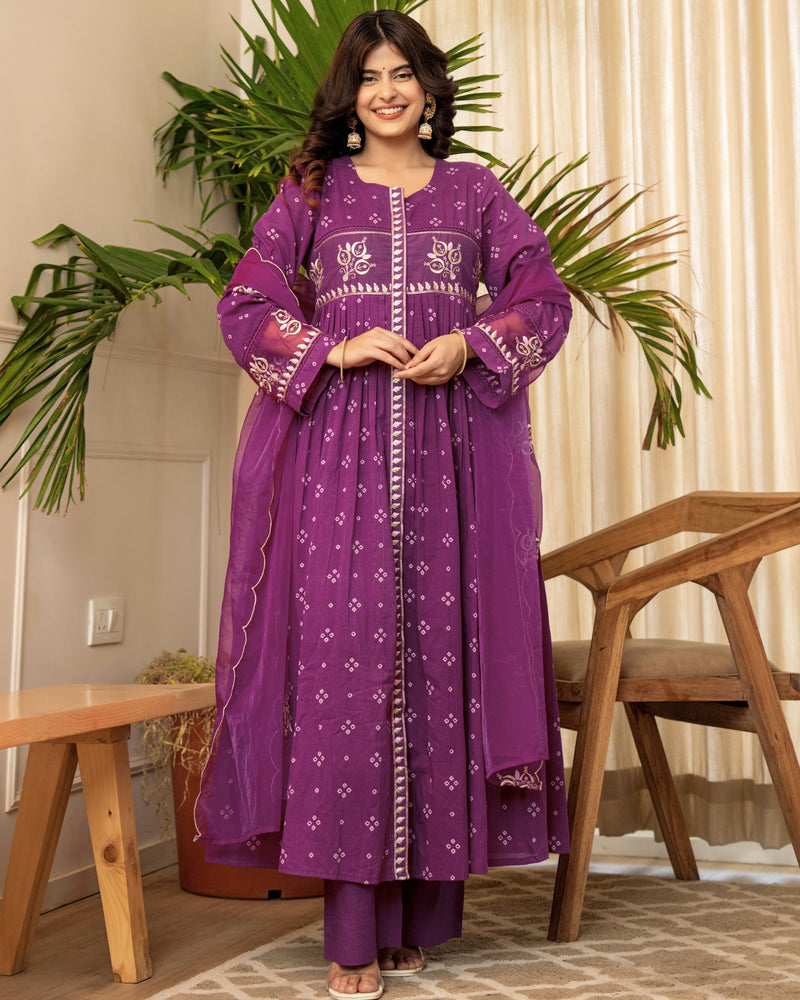Purple Bandhani Mul Cotton A Line Handwork Suit