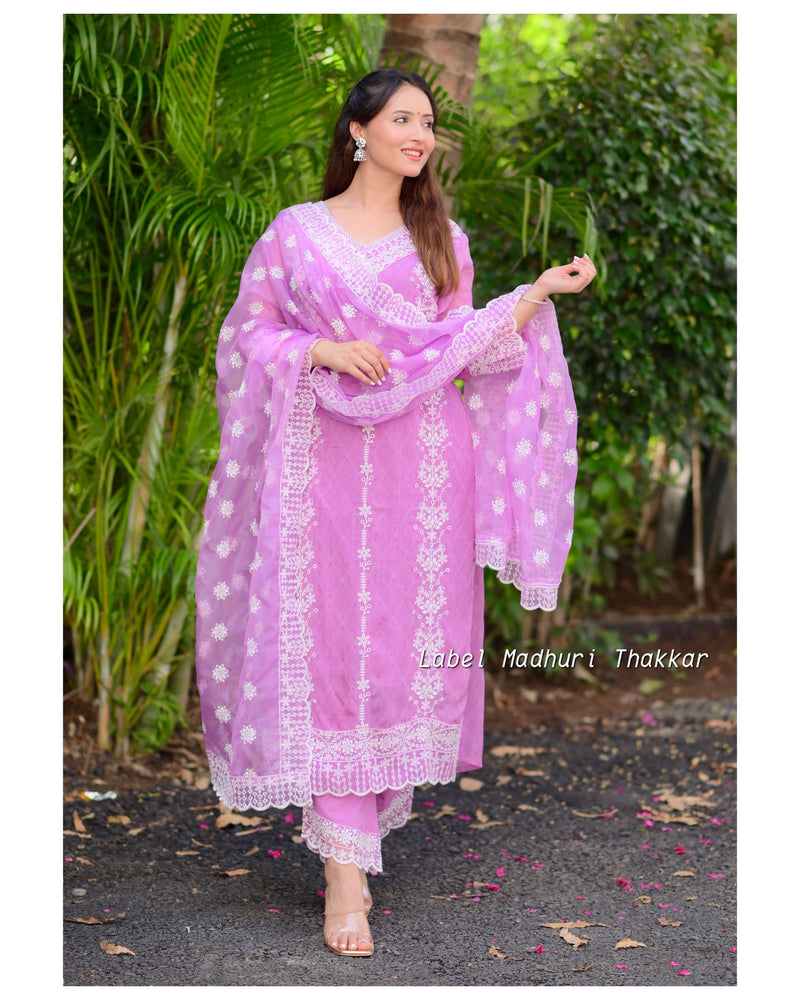 Lavender Self Printed Schiffli V Neck Organza Suit