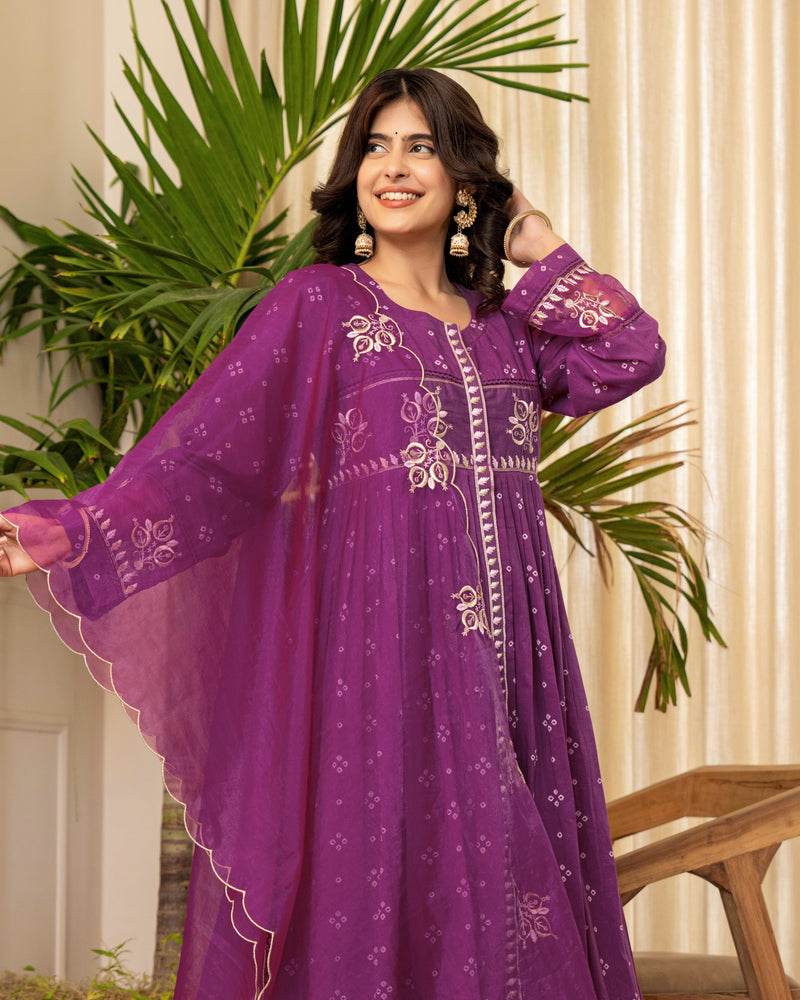 Purple Bandhani Mul Cotton A Line Handwork Suit