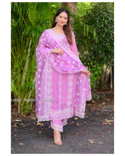 Lavender Self Printed Schiffli V Neck Organza Suit