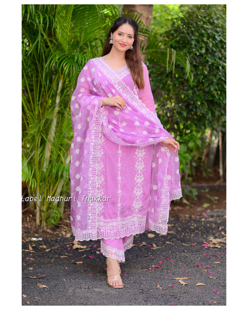 Lavender Self Printed Schiffli V Neck Organza Suit