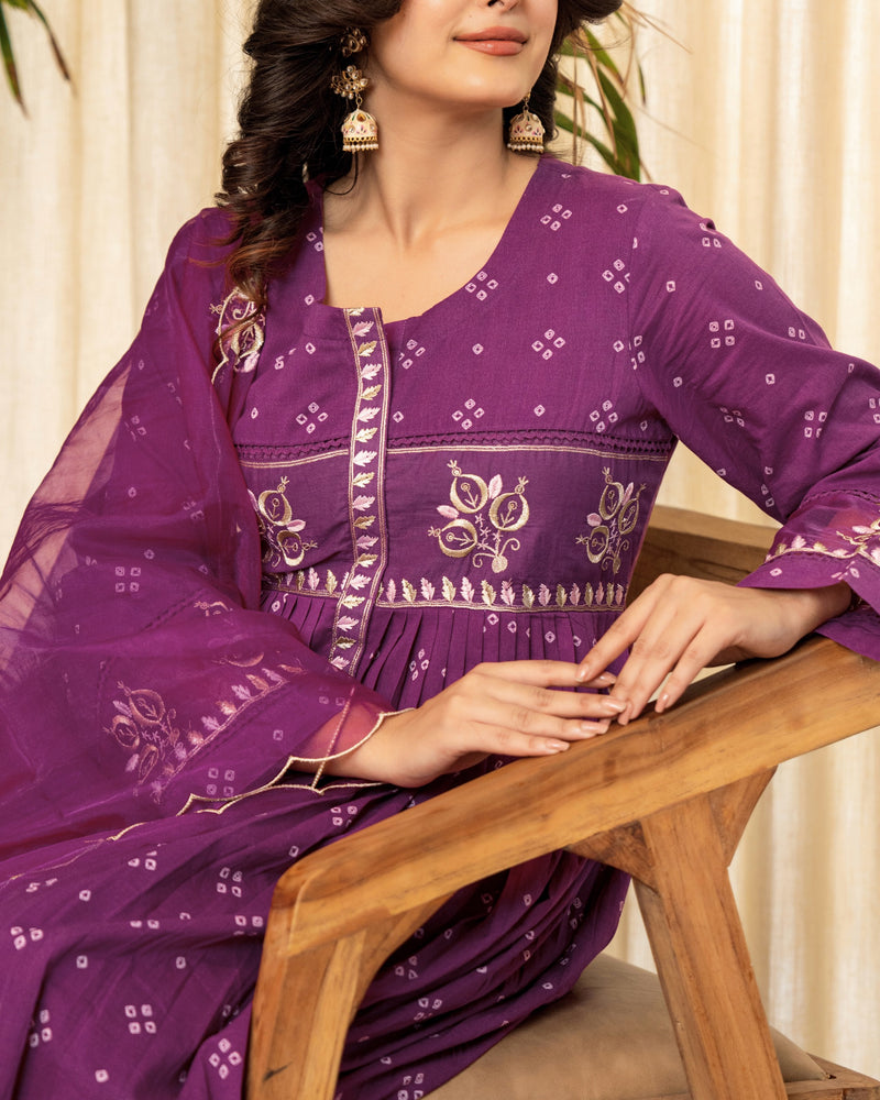 Purple Bandhani Mul Cotton A Line Handwork Suit