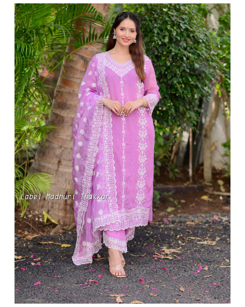 Lavender Self Printed Schiffli V Neck Organza Suit