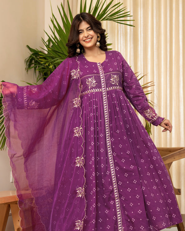 Purple Bandhani Mul Cotton A Line Handwork Suit