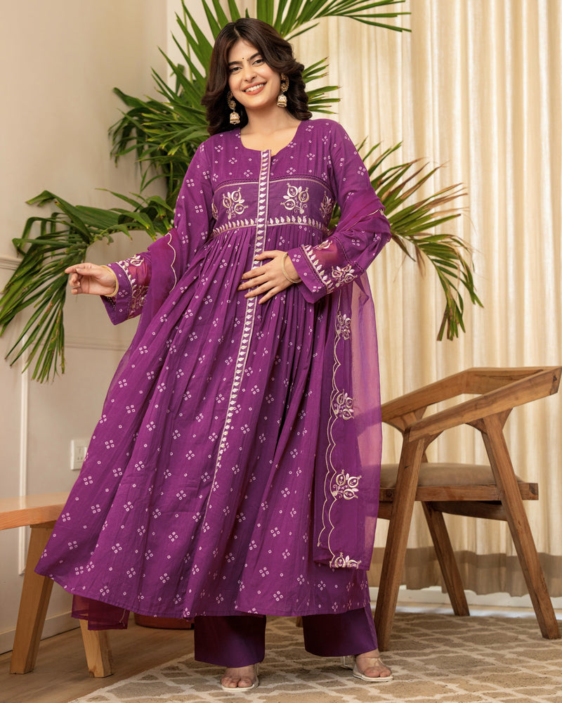 Purple Bandhani Mul Cotton A Line Handwork Suit