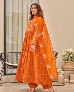Rust Orange Bandhani Mul Cotton A Line Handwork Suit