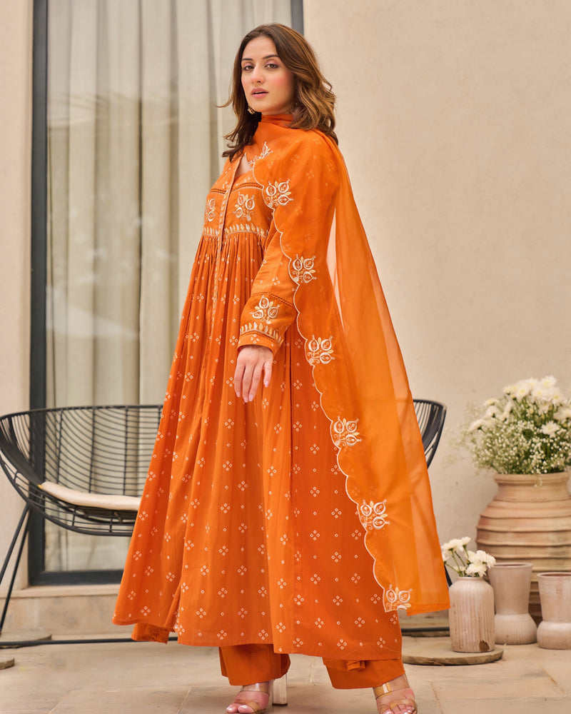 Rust Orange Bandhani Mul Cotton A Line Handwork Suit