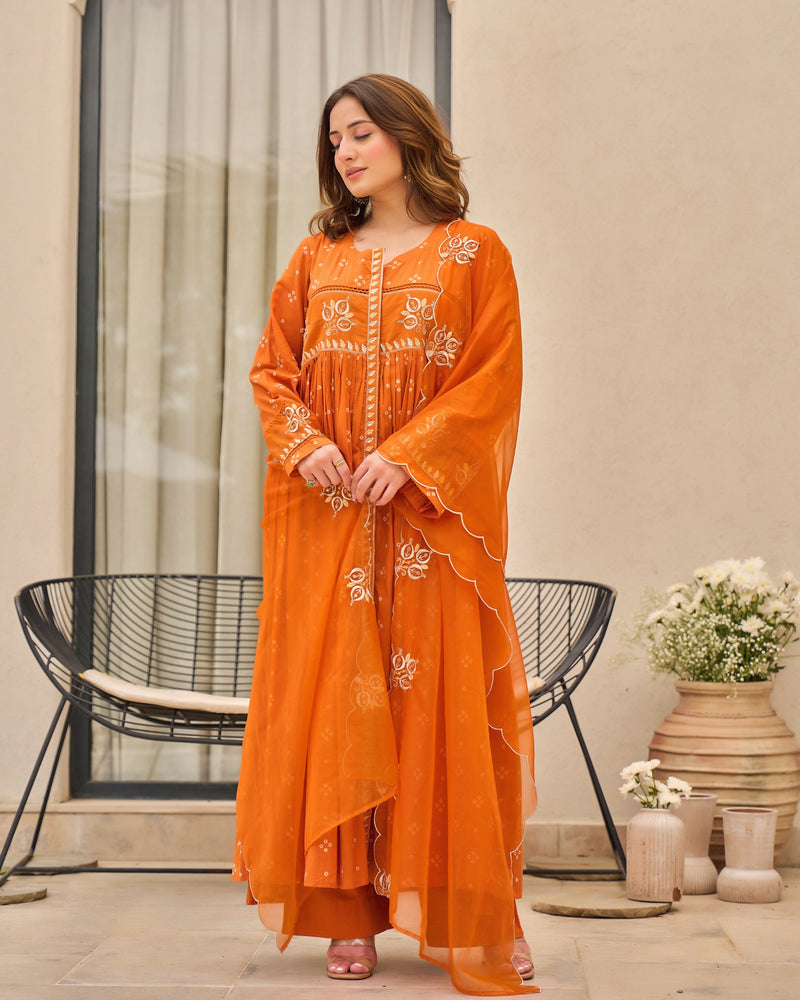 Rust Orange Bandhani Mul Cotton A Line Handwork Suit
