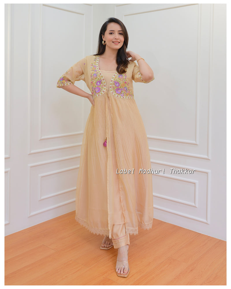 Beige Embroidered Cape A Line Suit