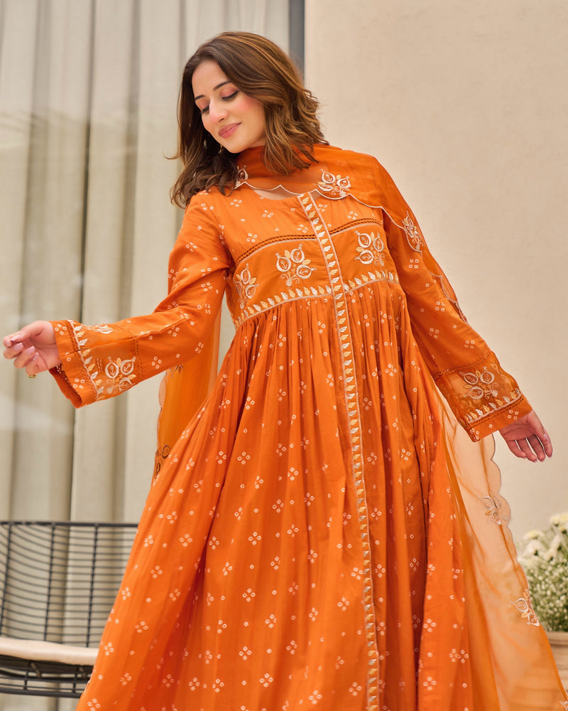 Rust Orange Bandhani Mul Cotton A Line Handwork Suit