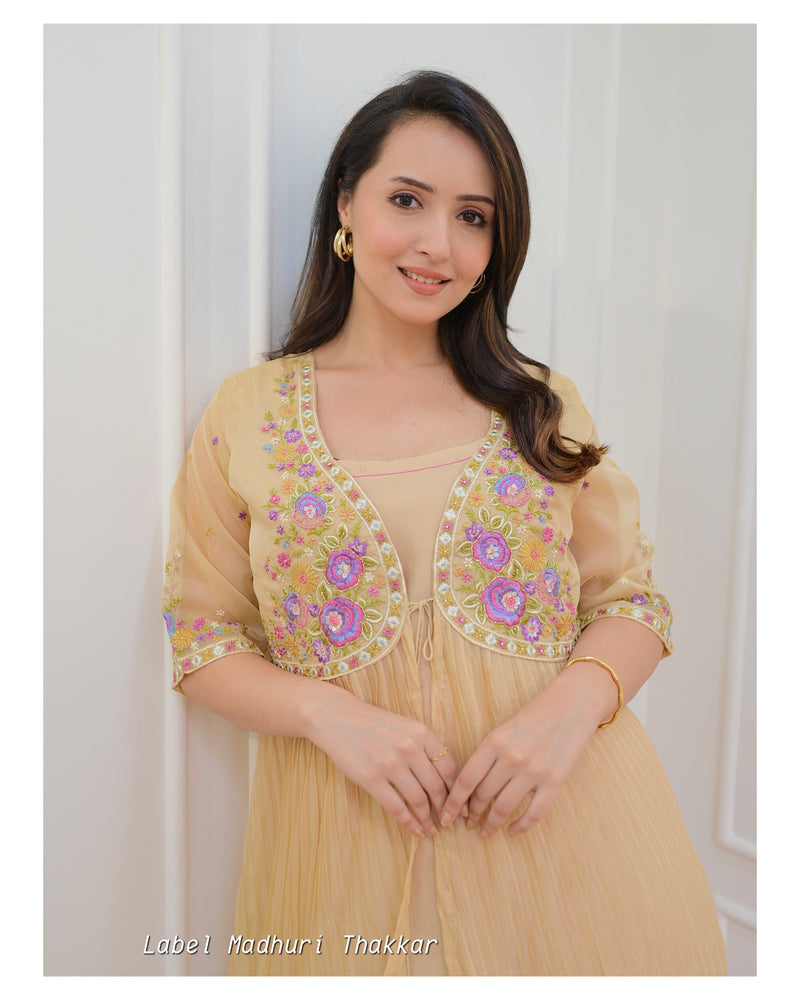 Beige Embroidered Cape A Line Suit