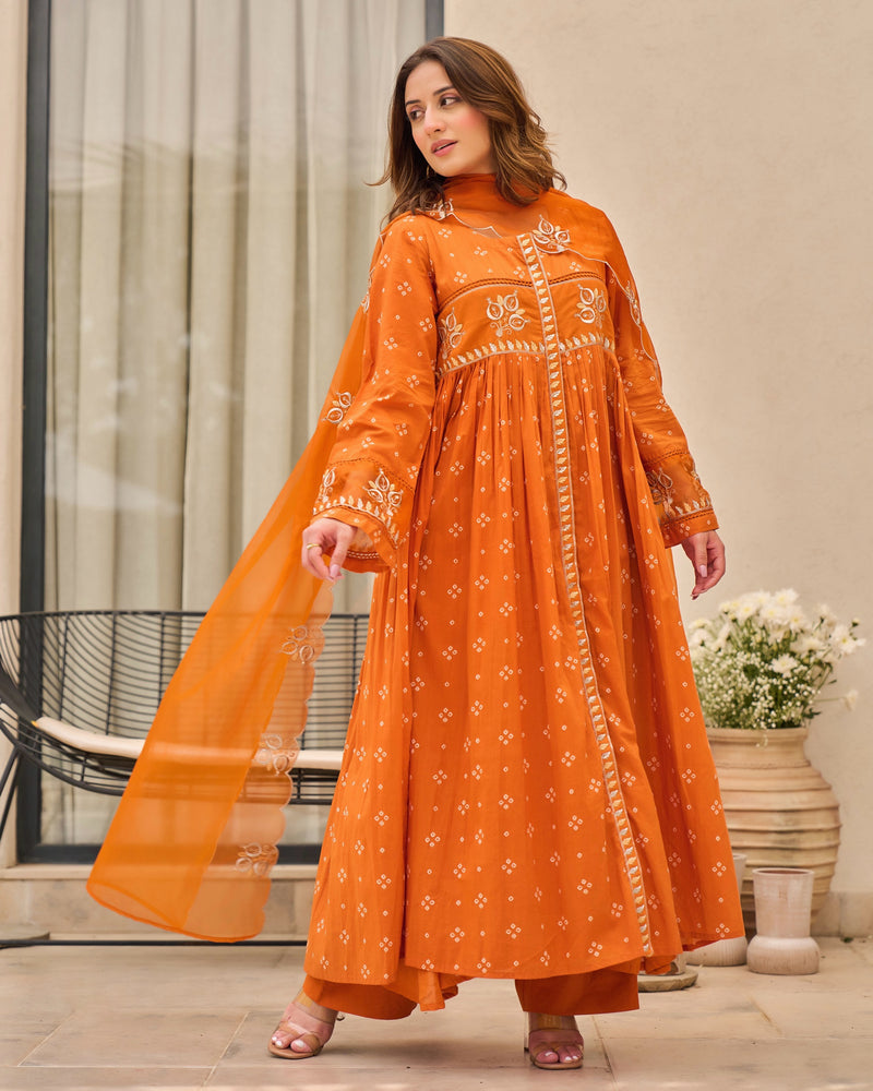 Rust Orange Bandhani Mul Cotton A Line Handwork Suit
