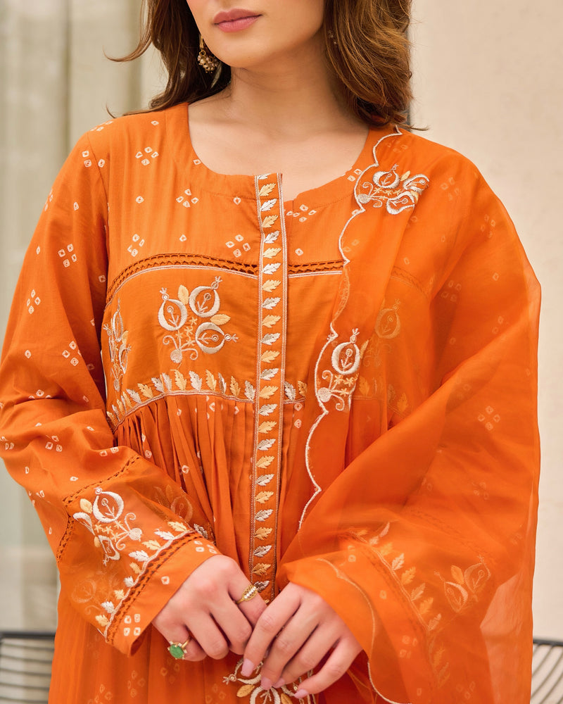 Rust Orange Bandhani Mul Cotton A Line Handwork Suit