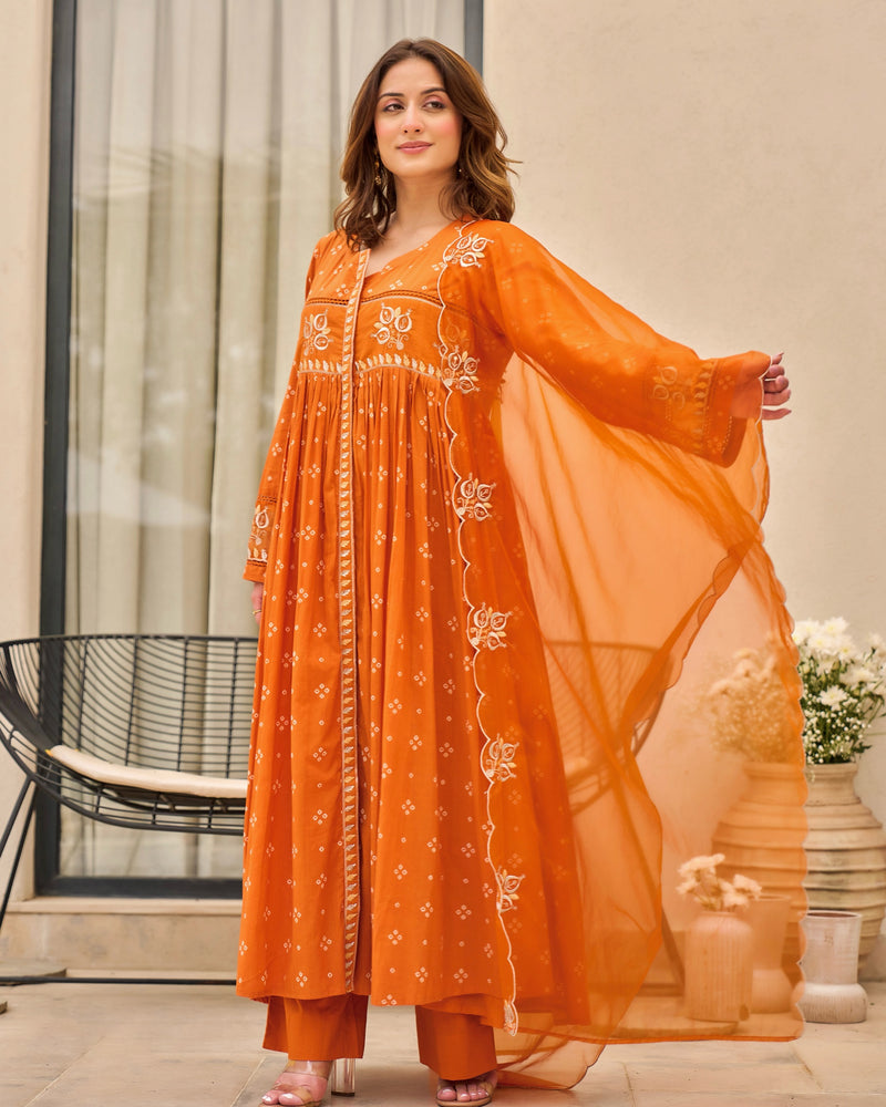 Rust Orange Bandhani Mul Cotton A Line Handwork Suit