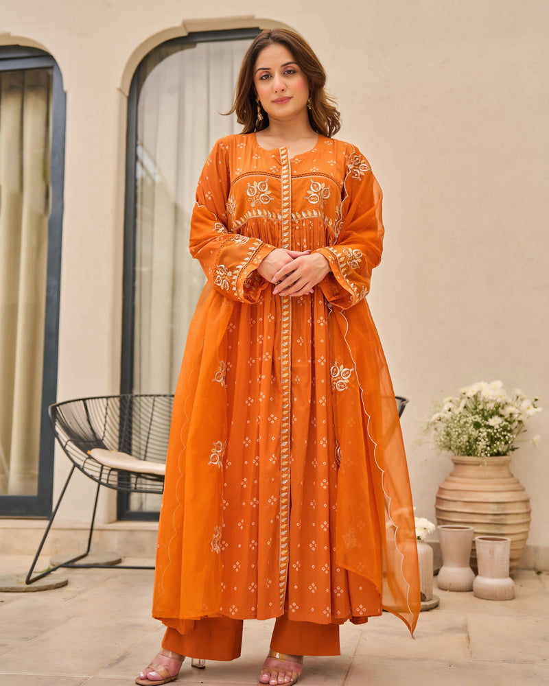 Rust Orange Bandhani Mul Cotton A Line Handwork Suit