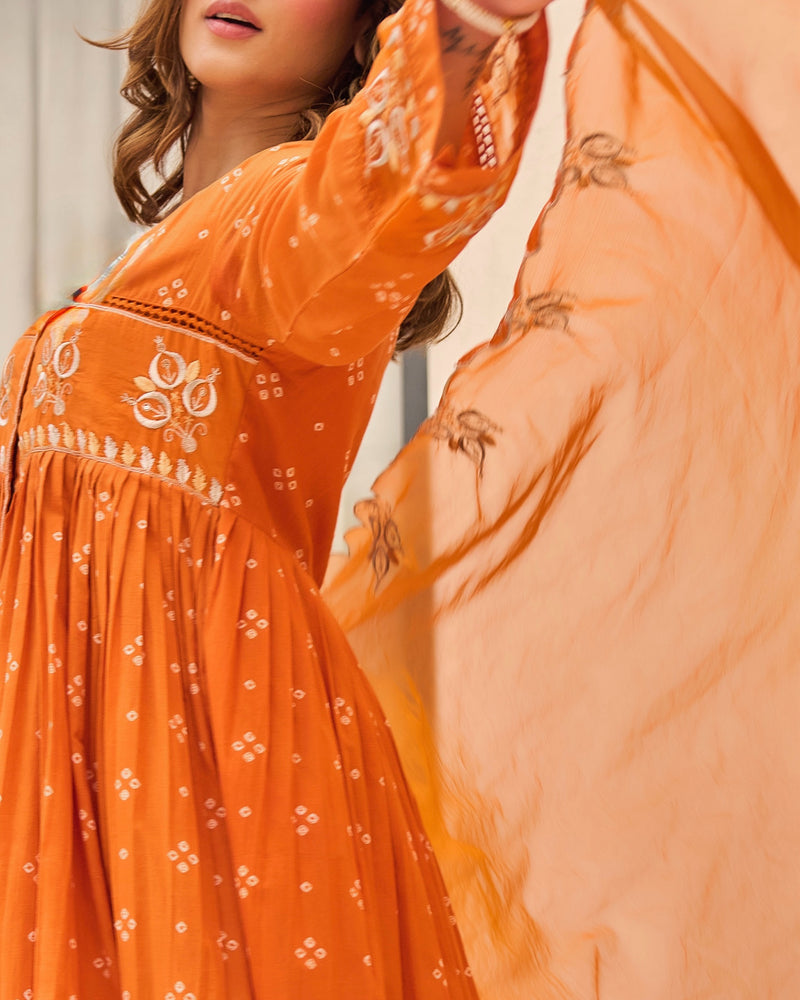 Rust Orange Bandhani Mul Cotton A Line Handwork Suit