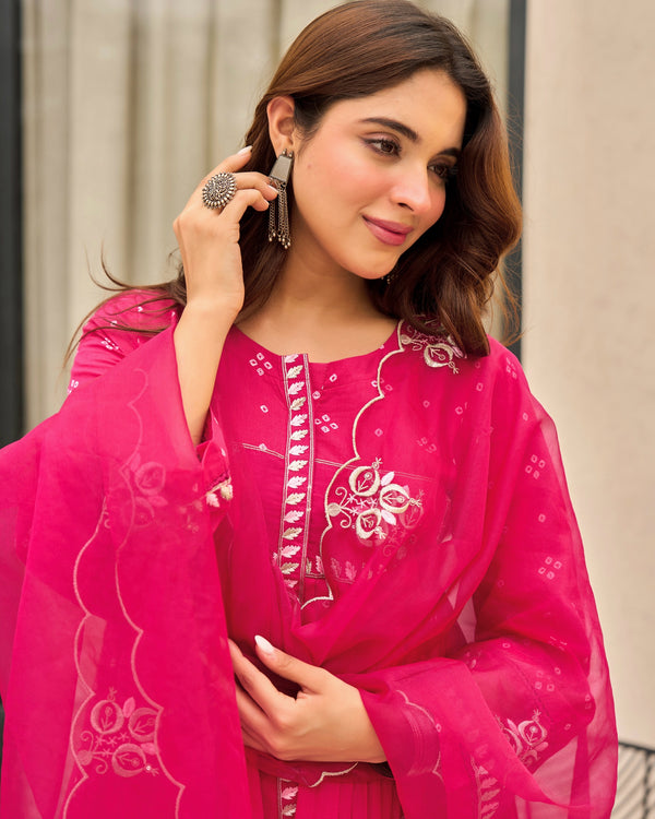 Pink Bandhani Mul Cotton A Line Handwork Suit