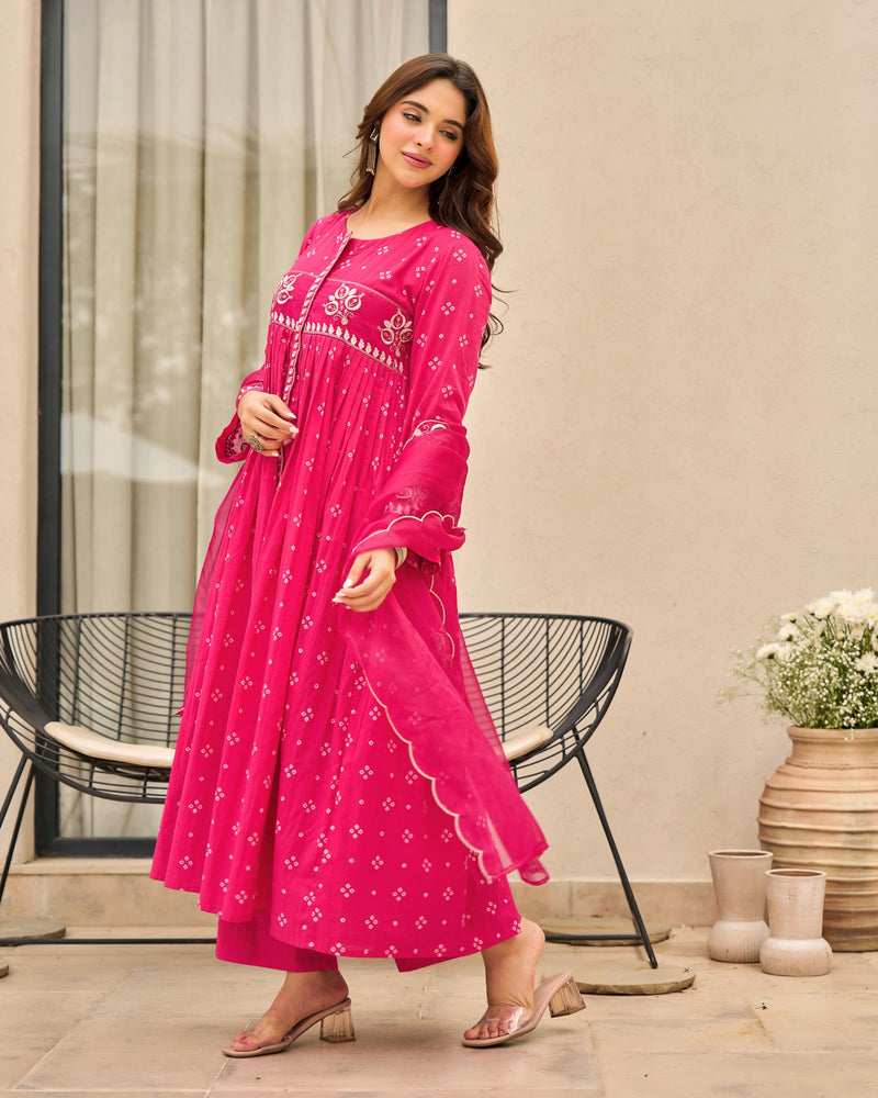Pink Bandhani Mul Cotton A Line Handwork Suit