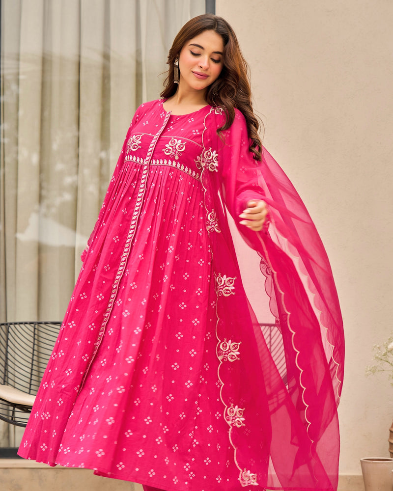 Pink Bandhani Mul Cotton A Line Handwork Suit