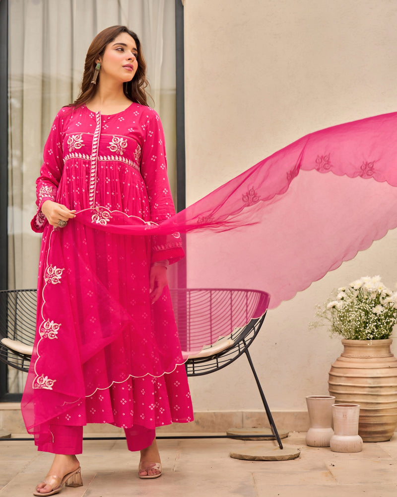 Pink Bandhani Mul Cotton A Line Handwork Suit