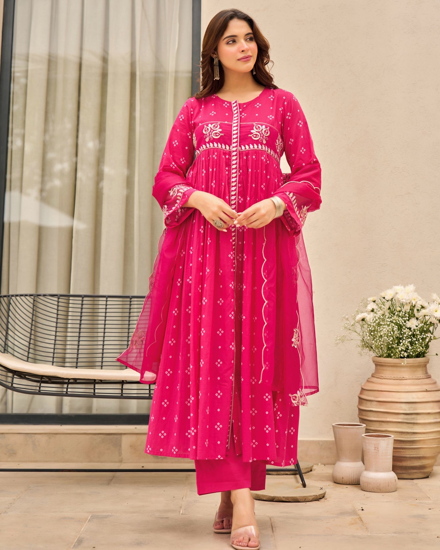 Pink Bandhani Mul Cotton A Line Handwork Suit