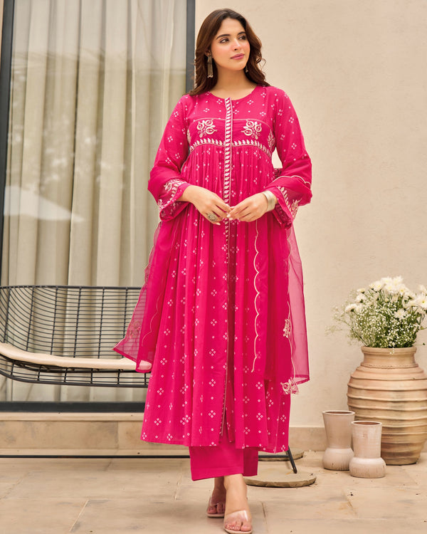 Pink Bandhani Mul Cotton A Line Handwork Suit