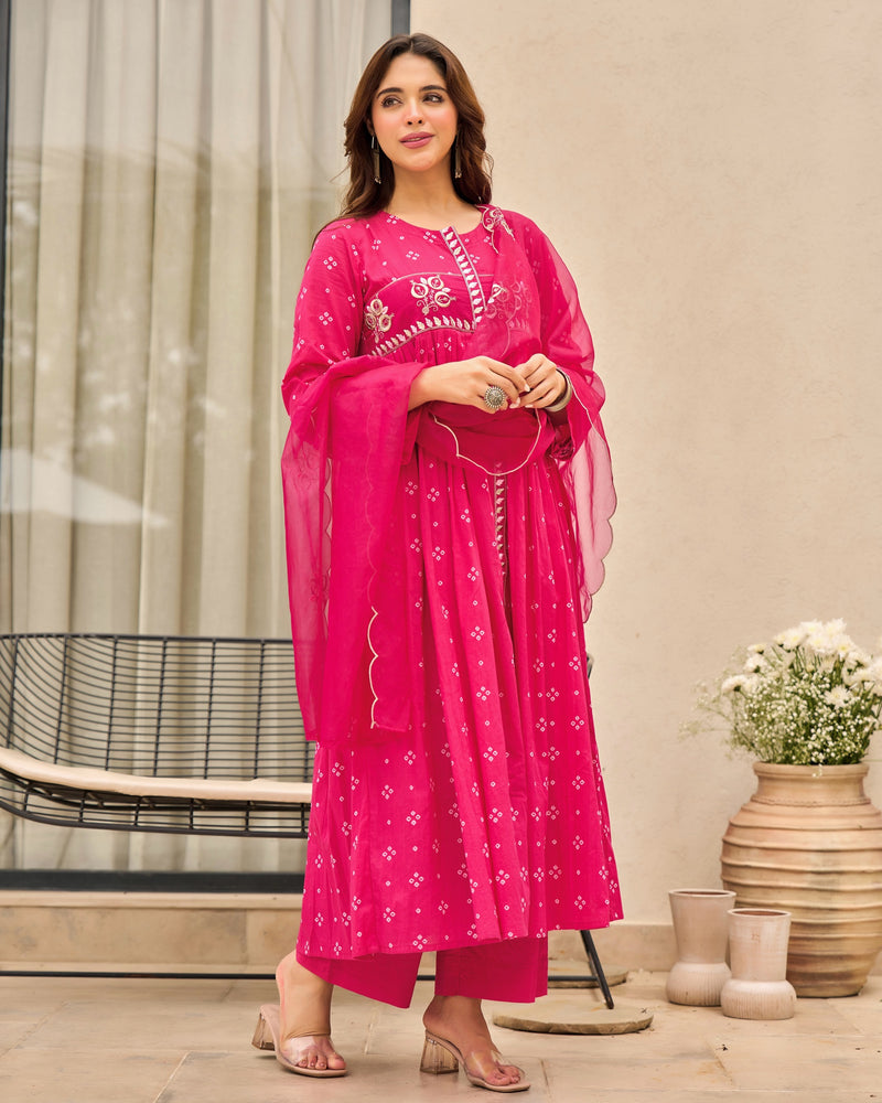Pink Bandhani Mul Cotton A Line Handwork Suit