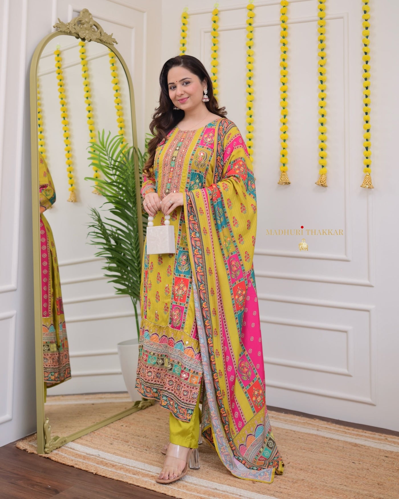 Greenish Yellow Handwork Muslin Patchprint Suit