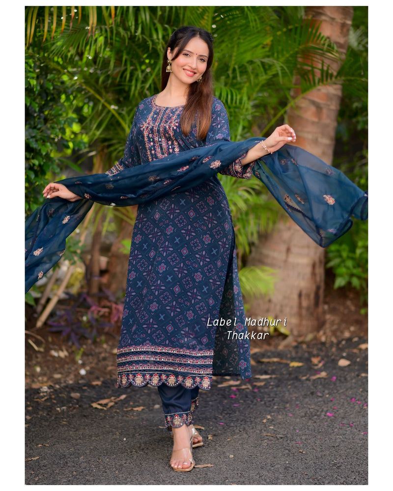Navy Blue Handwork Crepe Suit