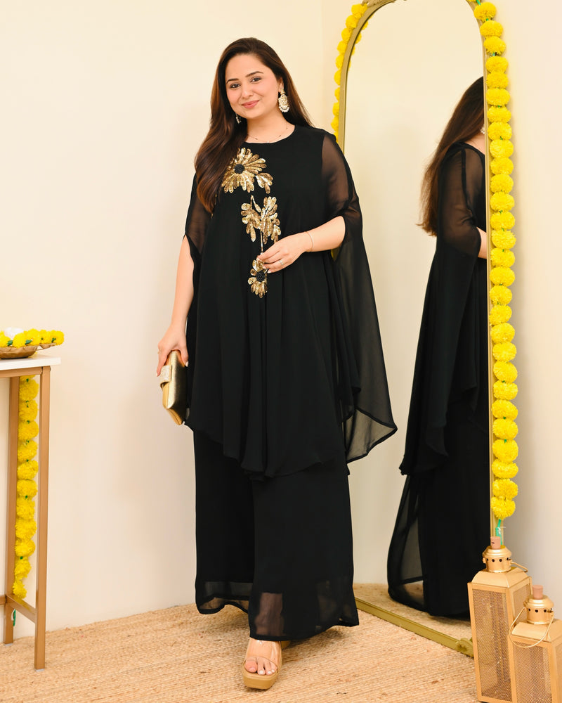 Black Sequin Handwork Georgette Sharara Set