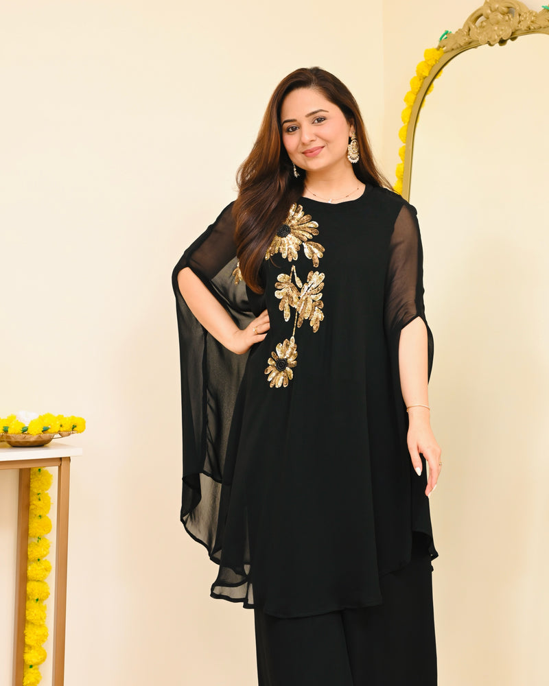 Black Sequin Handwork Georgette Sharara Set