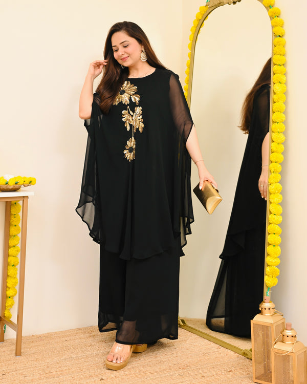 Black Sequin Handwork Georgette Sharara Set