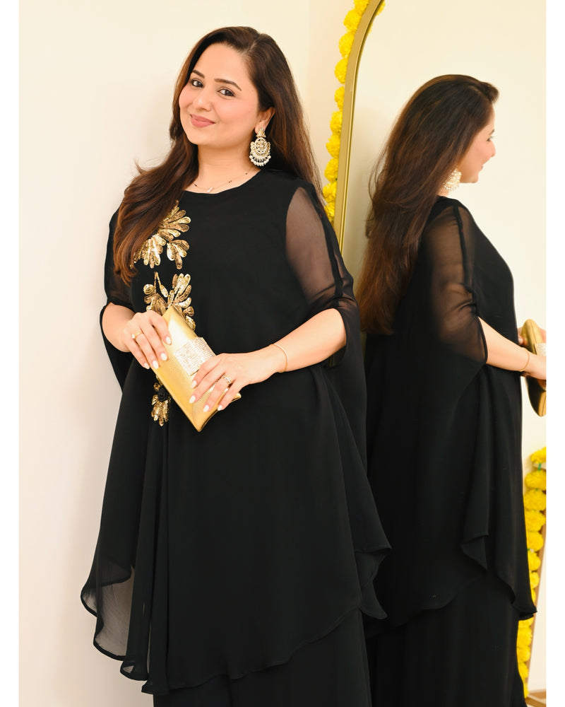 Black Sequin Handwork Georgette Sharara Set