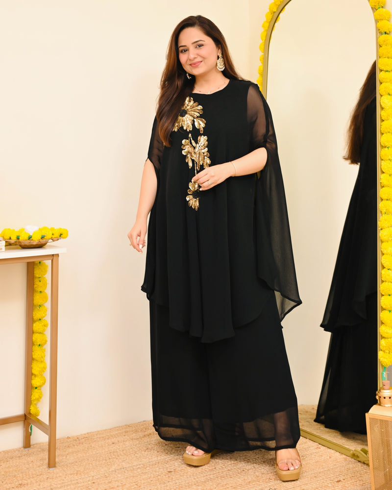 Black Sequin Handwork Georgette Sharara Set