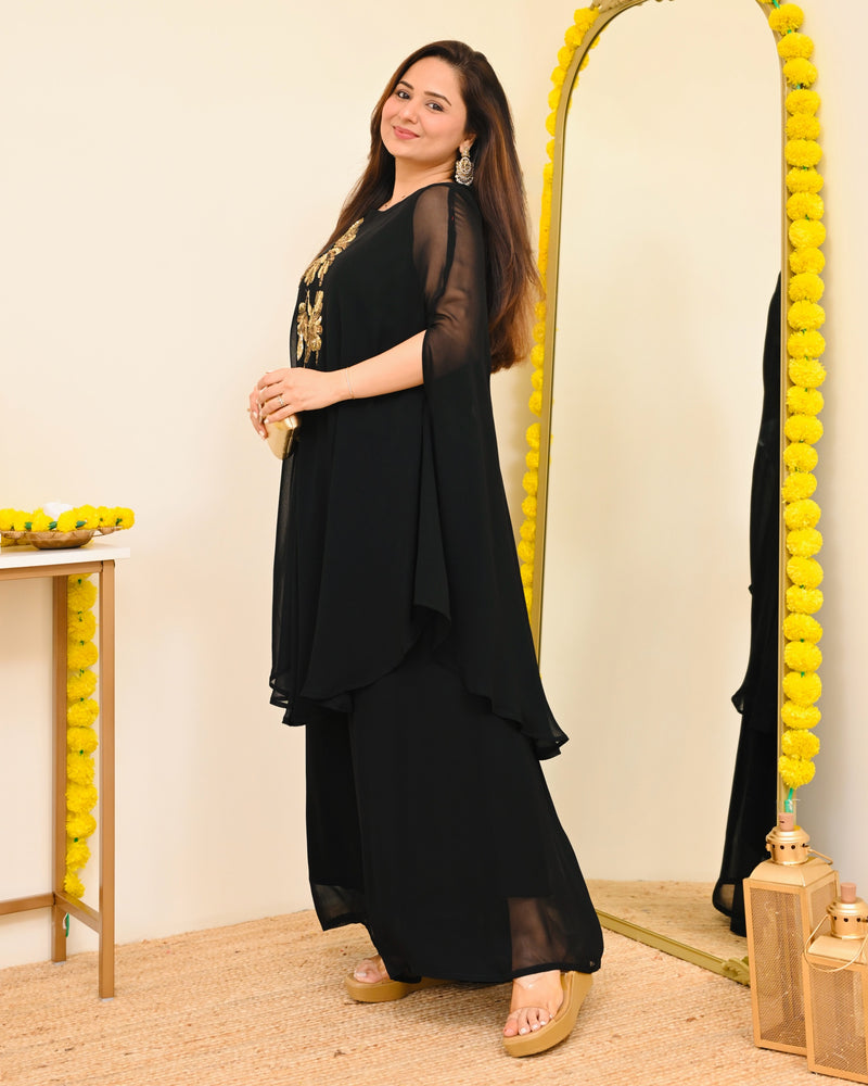 Black Sequin Handwork Georgette Sharara Set