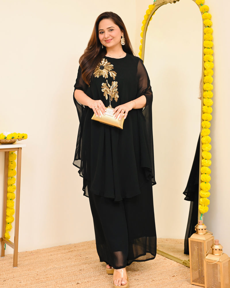 Black Sequin Handwork Georgette Sharara Set