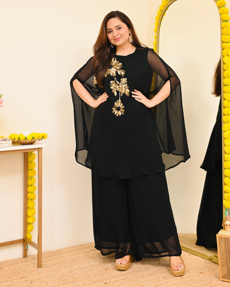 Black Sequin Handwork Georgette Sharara Set