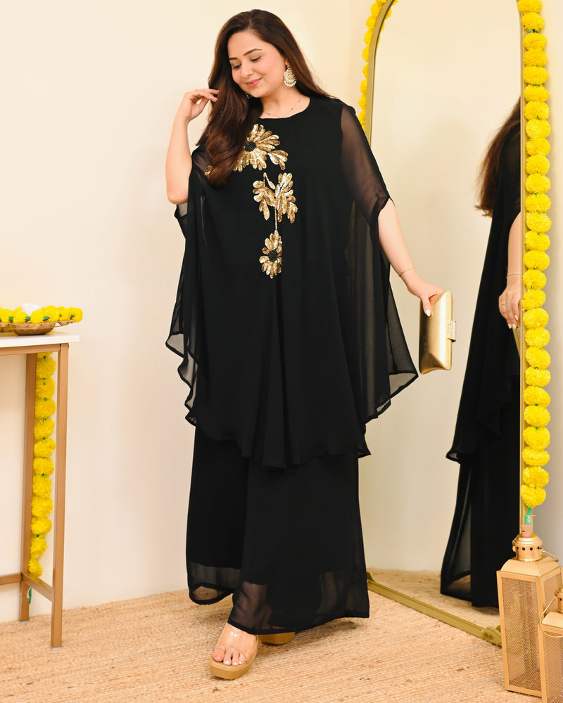 Black Sequin Handwork Georgette Sharara Set
