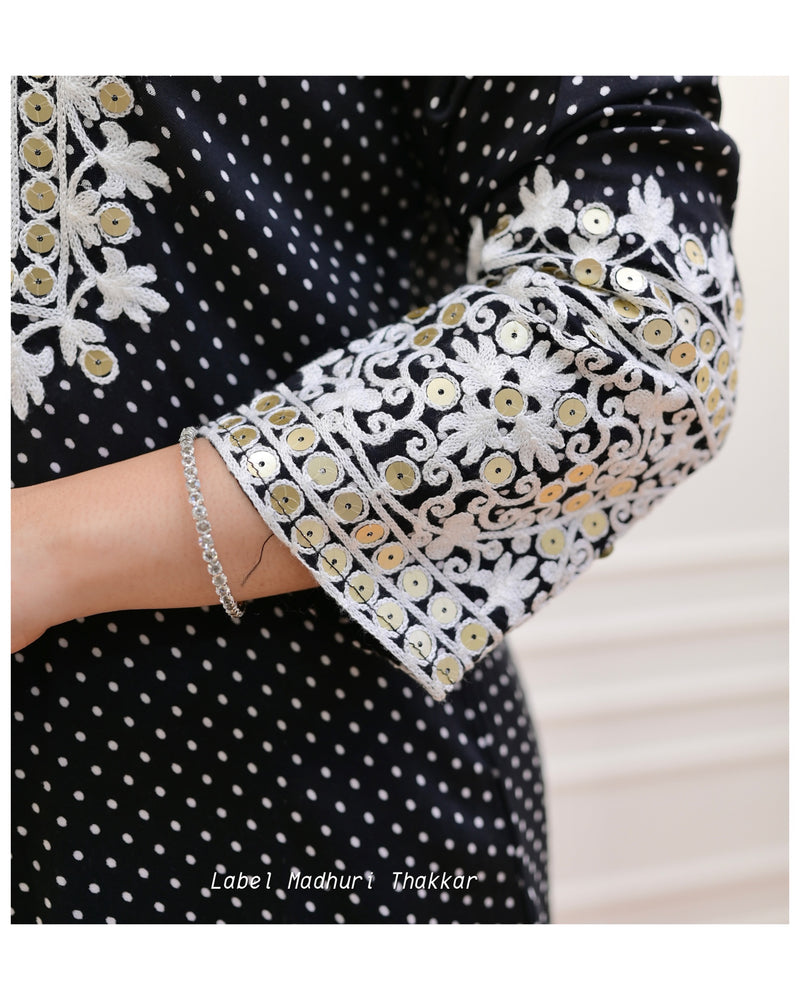 Black Polka Threadwork Kurta Set