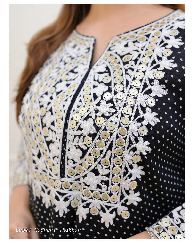 Black Polka Threadwork Kurta Set