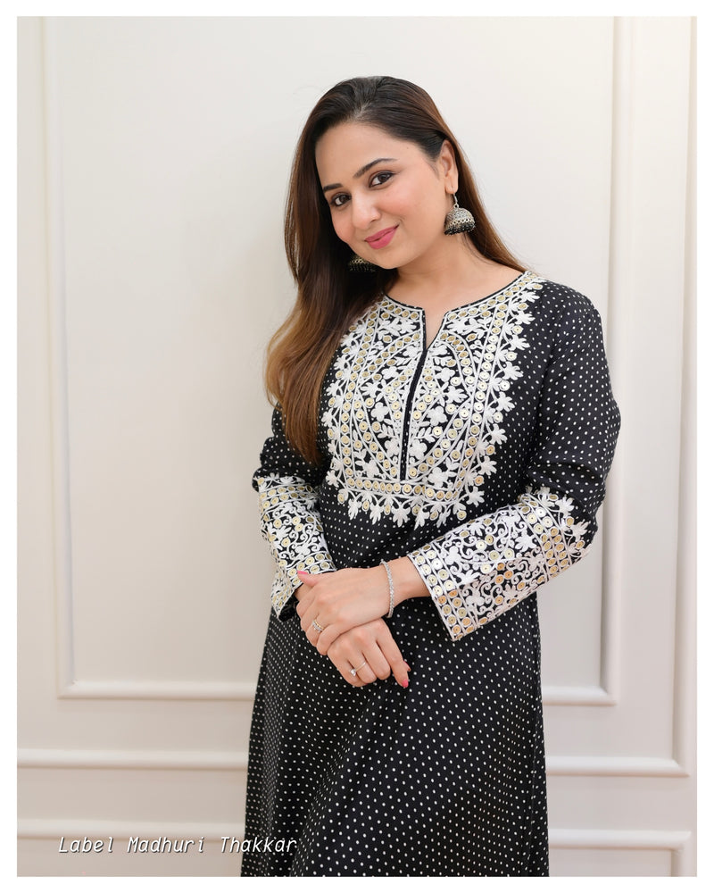 Black Polka Threadwork Kurta Set