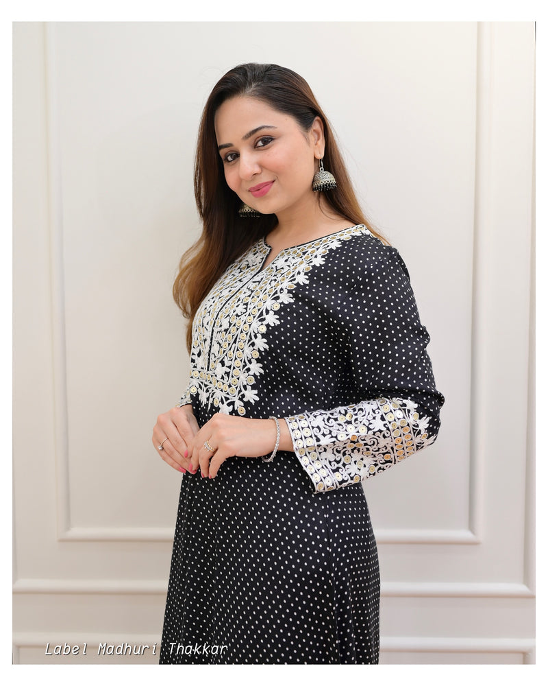 Black Polka Threadwork Kurta Set