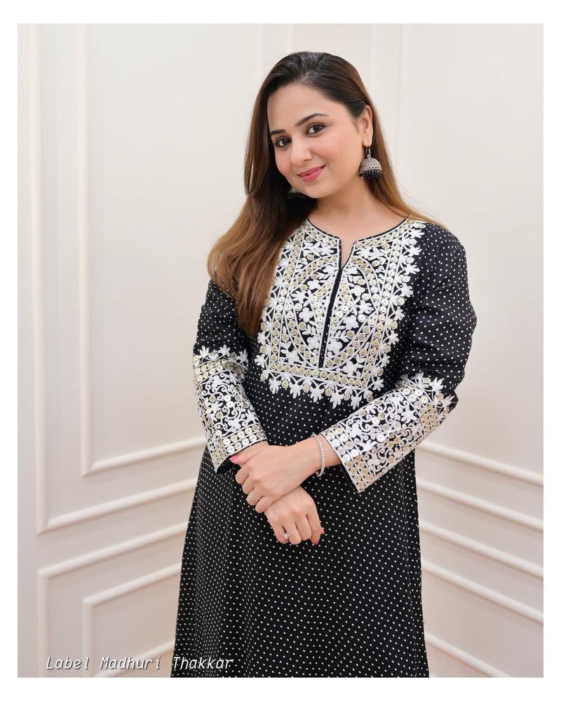 Black Polka Threadwork Kurta Set