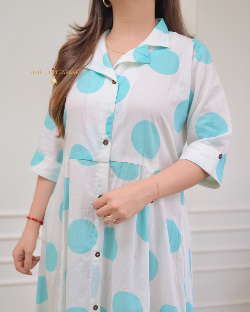 Turquoise Polka Dots Cotton A Line Dress