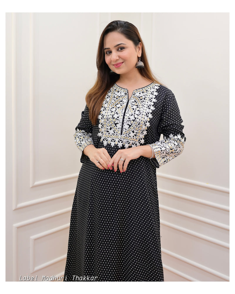 Black Polka Threadwork Kurta Set