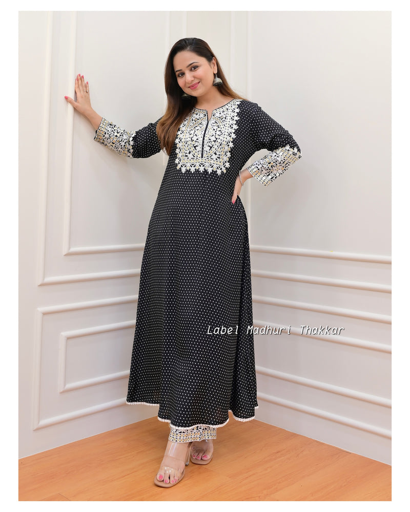 Black Polka Threadwork Kurta Set