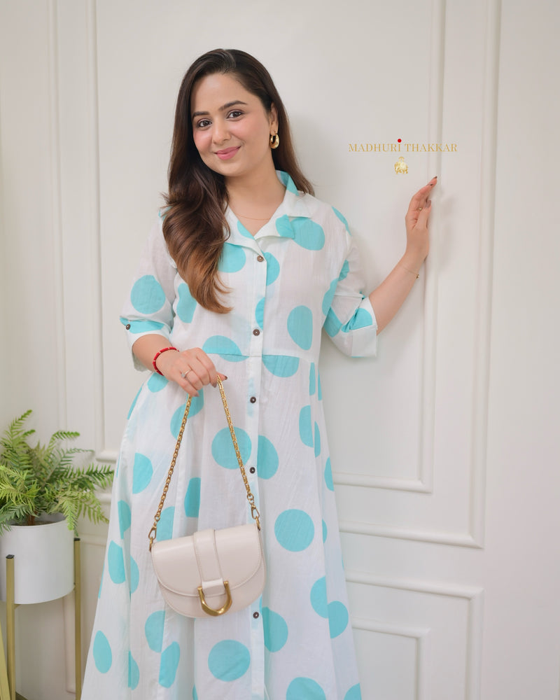 Turquoise Polka Dots Cotton A Line Dress