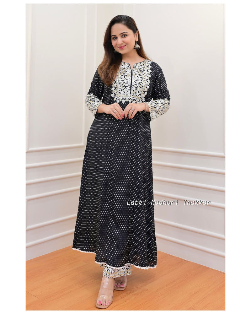Black Polka Threadwork Kurta Set