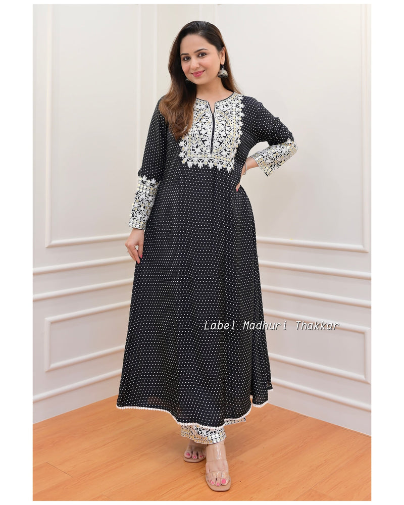 Black Polka Threadwork Kurta Set